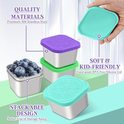 Qukaka Stainless Steel Snack Containers for Kids,7.2oz Easy Open Leak Proof Reusable Snack Box Container with Lids,Small Lunch Containers for Meal Prep,School,Picnic and Travel-3Pack