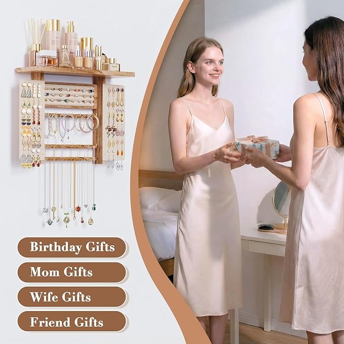 Emfogo Jewelry Organizer Hanging Wall Mounted Jewelry Holder, 5-in-1 Large Capacity Necklace Organizer Display for Ring, Necklaces, Bracelets, Earrings (Rustic Wood)