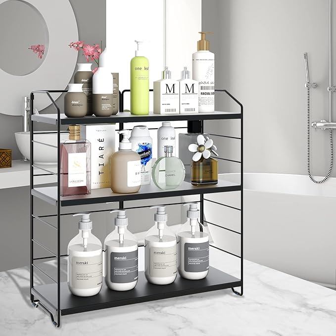 BOIVSHI Bathroom Countertop Organizer, 3-Tier Bathroom Counter Organizer, 8-Levels Height Adjustable, Bathroom Organizer for Kitchen, Pantry, Livingroom, Offices Storage, Metal Black