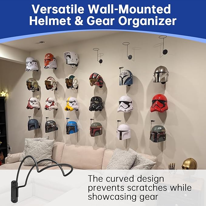 Helmet Wall Mount Display, Multifunctionnal Helmet Holder Shelf for Football Baseball Rugby Equestrian Motorcycle Firefighter Roma, Hat Mask Metal Hanger Rack with Screws, 4 Pack