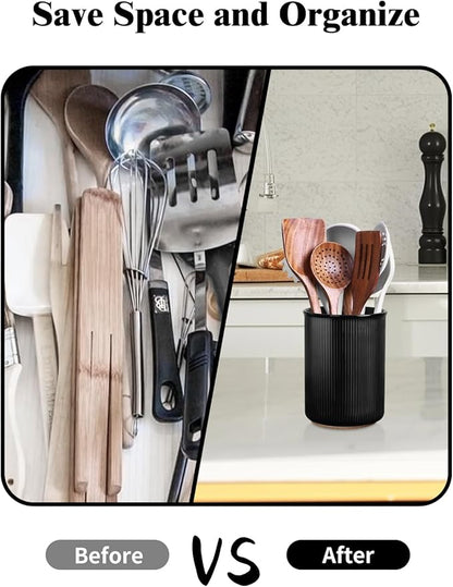 LoeJan Utensil Holder, Extra Large Utensil Crock, Stable Ceramic Utensil Organizer, Cooking Tool Organizer Set for Kitchen Counter Farmhouse Decor (F-6.7" Black)
