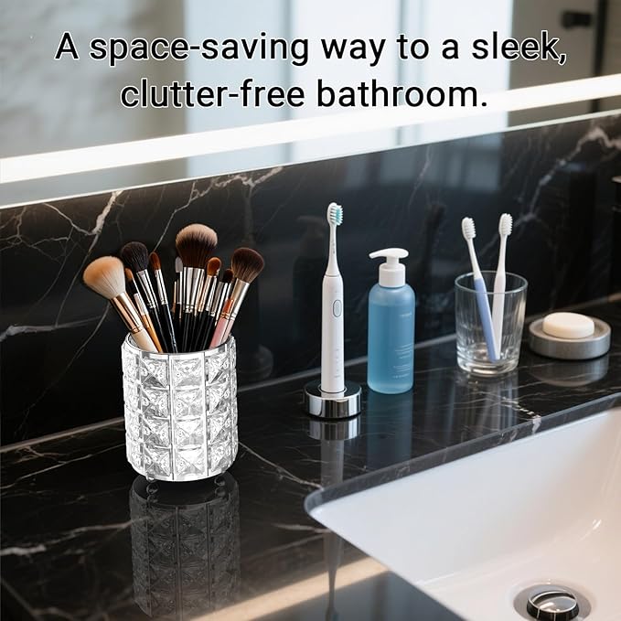 LUGUNU Makeup Brush Holder with Silver Crystal Bling – Elegant Vanity Organizer for Brushes, Pens & Pencils, Ideal for Bathroom or Office Countertop(1Pack)