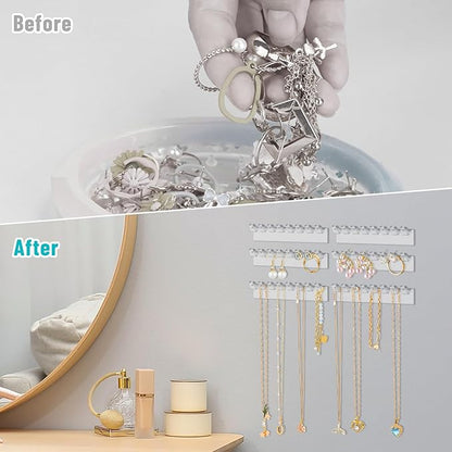 NiHome 6-Pack 48 Hooks Wall-Mounted Clear Plastic Jewelry Organizers for Earrings, Necklaces, Bracelets, Rings, Studs, No-Drill Adhesive Installation Racks for Closet, Bathroom, Bedroom, Mirror