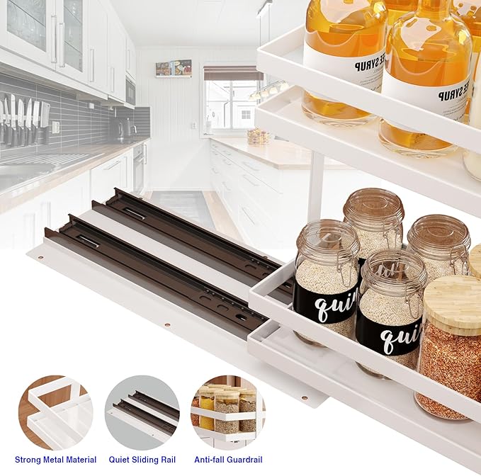 Mustorn 2 Pack Pull Out Spice Rack Organizer for Cabinet, 2 Tier Metal Slide Out Seasoning Organizer and Storage Heavy Duty Vertical Spice Rack Shelf Pullout for Kitchen Cabinets No Drilling (White)