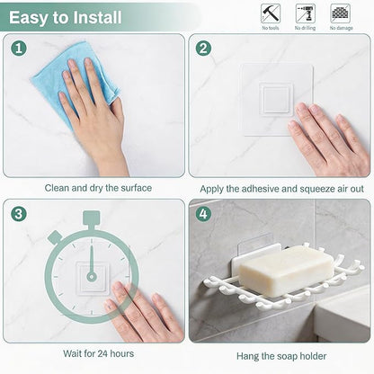 Bar Soap Holder for Shower Wall, Self Draining Plastic Bar Soap Dish Tray Container Case for Bathroom Sink, Adhesive Shower Soap Dish Holder Wall Mounted, White 2 Pack