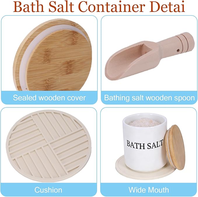 29oz Airtight Ceramic Bath Salt Jar Set - with Wooden Lid, Scoop & Anti-Slip Mat, Opaque Bathroom Storage Organization for Epsom Salt, Spa & Bath Bombs, White-S