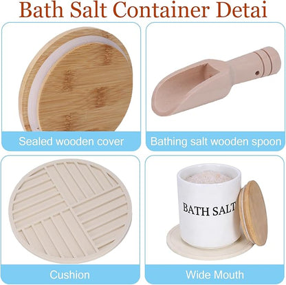 29oz Airtight Ceramic Bath Salt Jar Set - with Wooden Lid, Scoop & Anti-Slip Mat, Opaque Bathroom Storage Organization for Epsom Salt, Spa & Bath Bombs, White-S