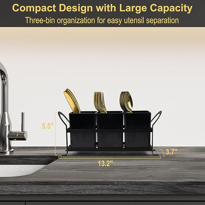 ECOIOU Cutlery Holder with Drain Holes, Dishwasher Safe Silverware Caddy for Party, Kitchen Counter, 3pcs Bins Set Countertop Utensil Holder for Spoons, Forks and Knives, Black