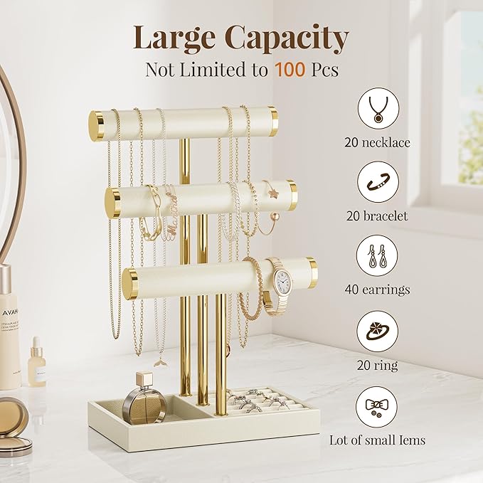 bussdis 3 Tier Bracelet Holder Display - Beige Leather Bracelet Holder, Detachable T Bar Jewelry Holder Organizer for Bracelet, Necklace, Earrings, Rings, Watches, Bangle