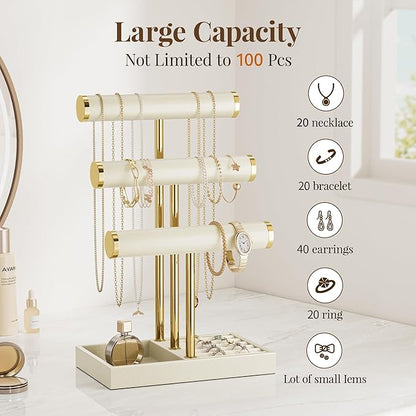 bussdis 3 Tier Bracelet Holder Display - Beige Leather Bracelet Holder, Detachable T Bar Jewelry Holder Organizer for Bracelet, Necklace, Earrings, Rings, Watches, Bangle