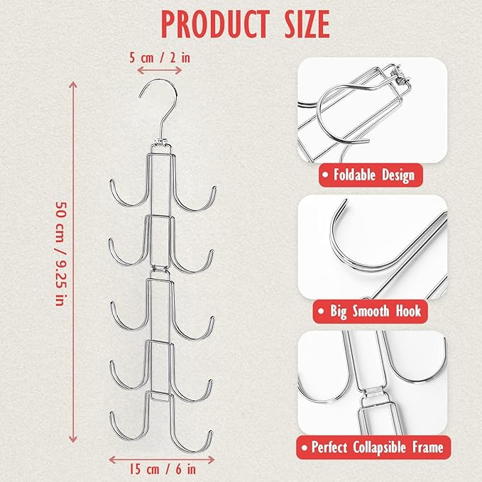 Hat Organizer for Closet, Collapsible Caps Rack with 10 Rotatable Large Hooks, Holds Up to 40 Baseball Caps, Metal Space Saving Hat Hanger for Display, Storage and Closet Organizers, Silver