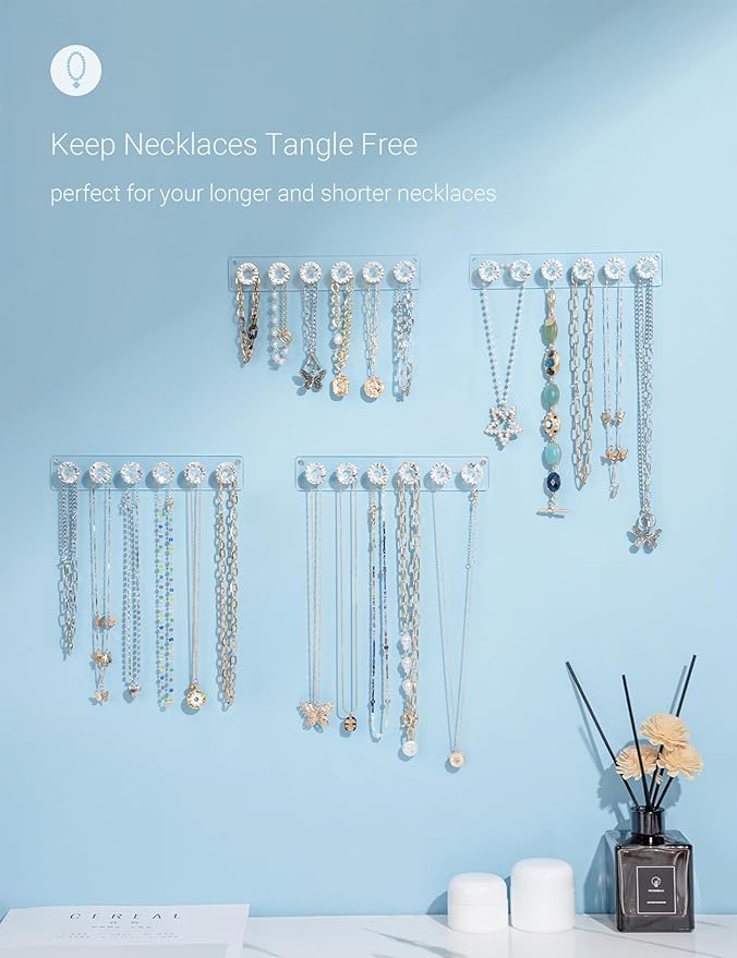 Mymazn Acrylic Necklaces Holder Wall Mounted Necklace Hangers Hanging Jewelry Organizer with 6 Hooks, Clear Jewelry Hangers for Necklace Organizer for Girls Women, Necklace Hooks for Wall (4 Pack)