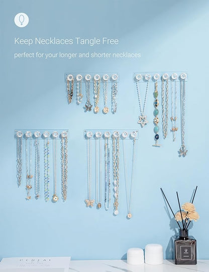 Mymazn Acrylic Necklaces Holder Wall Mounted Necklace Hangers Hanging Jewelry Organizer with 6 Hooks, Clear Jewelry Hangers for Necklace Organizer for Girls Women, Necklace Hooks for Wall (4 Pack)