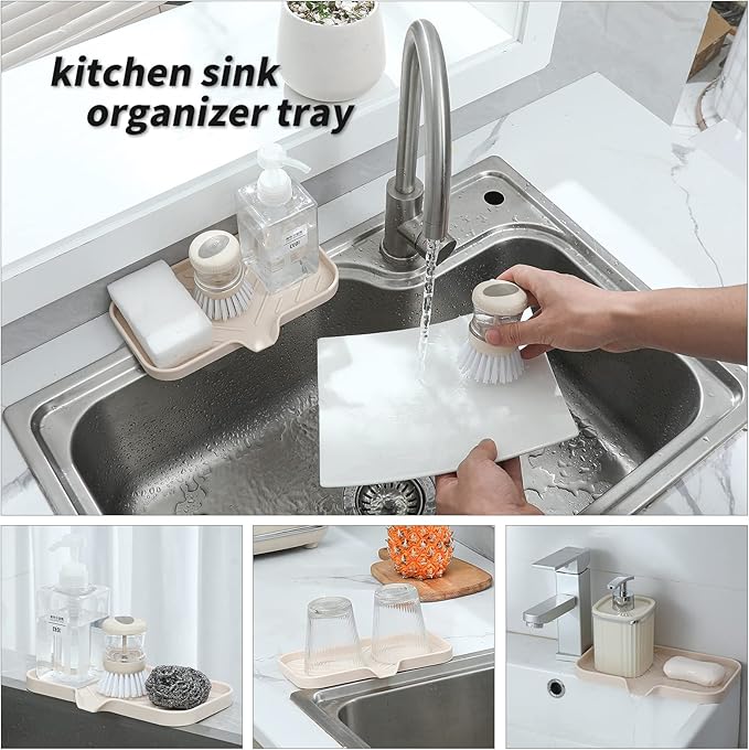 MicoYang Silicone Bathroom Soap Dishes with Drain Spout-Bathroom and Kitchen Sink Organizer,Sponge Holder,Dish Soap Tray,Perfect for Dispenser,Scrubber,Bottle,Cup on Sink or Counter-Tapioca 9.6"×5.3"