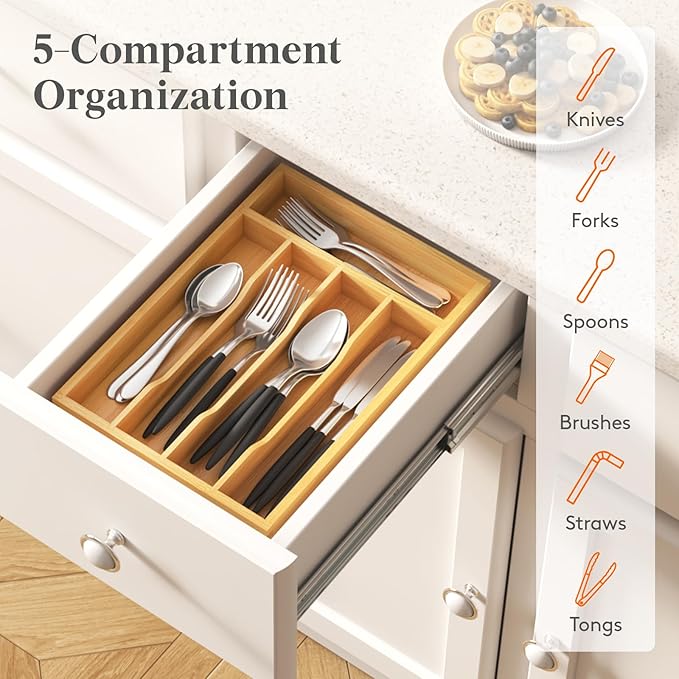 Lifewit Silverware Drawer Organizer, Utensil Tray for Kitchen, Flatware and Cutlery Holder, Storage for Spoons Forks Knives, 6.7 x 12", Natural