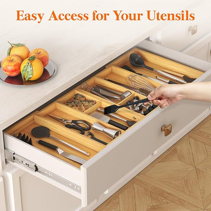 Lifewit Expandable Utensil Organizer for Kitchen Drawer, Adjustable Cooking Silverware Tray, Plastic Cutlery Flatware Holder, Spatula Tools Gadgets Storage Divider, 21- 36 x 16, Bamboo, Natural