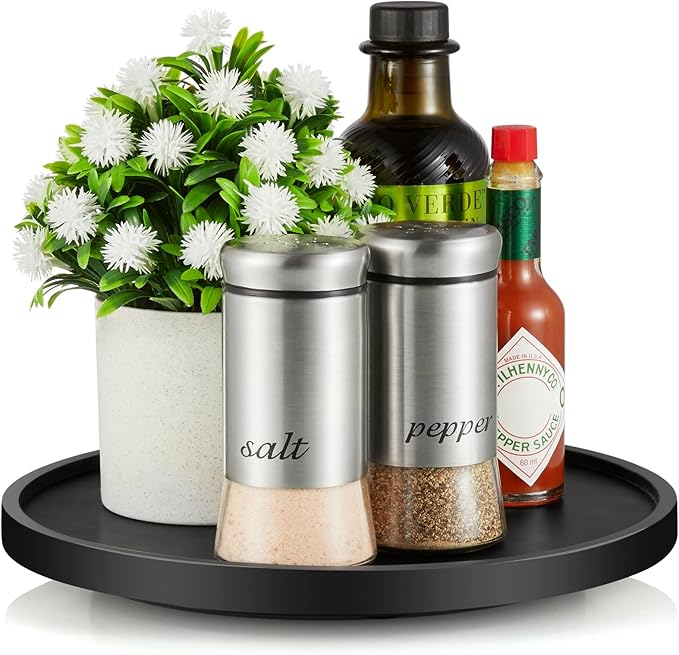 9" Wood Lazy Susan Turntable Organizer, Lazy Susan for Table Top Cabinet Dining Pantry Countertop Cupboard Organization, Decorative Tray for Kitchen Bathroom Decor Coffee Bar Accessories, Black