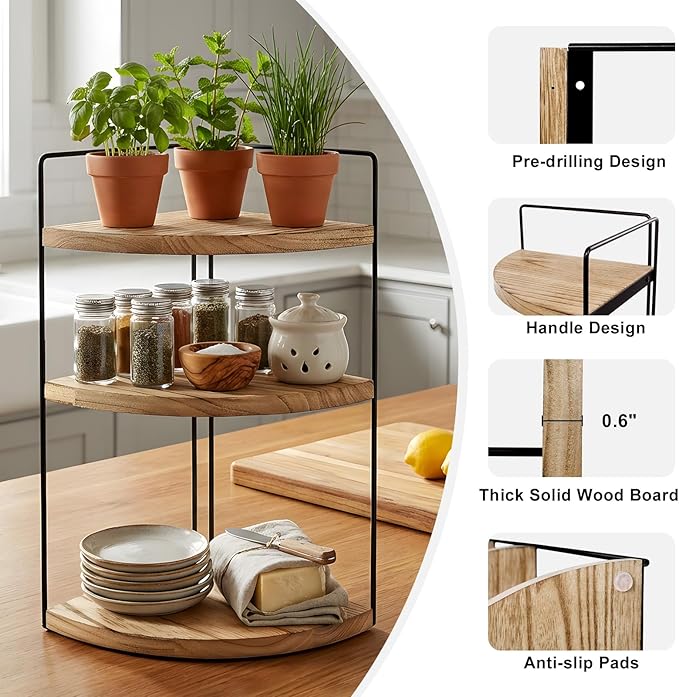 Corner Bathroom Counter Organizer Countertop Brown, 2 Pack 3 Tier Corner Shelf Wood Vanity Tray Easy Assembly Space Saving Shelf for Kitchen, Bathroom, Dresser, Makeup, Office