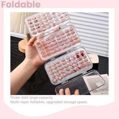 Tri-Fold Press On Nail Organizer Case - 4-Page Portable Storage Box for Fake Nails, Clear PET Plastic Travel Holder (6×3.2×1.8 inch)