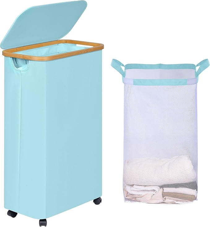 efluky Slim Laundry Hamper with Wheels, Narrow Laundry Basket with Lid and Removable Bag, Aesthetic Dirty Clothes Hamper on Wheels for Laundry Room, Bedroom, Dorm and Bathroom, 75L Beige