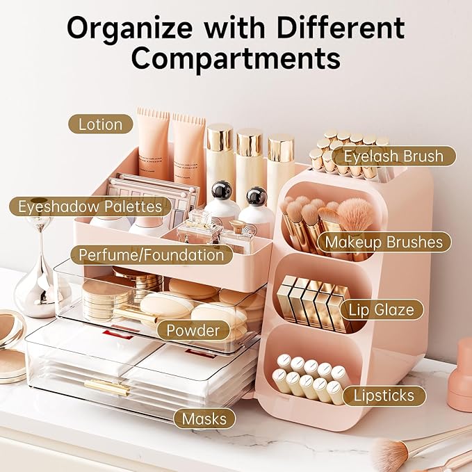 Makeup Organizer for Vanity with Brush Holder, Large Capacity Bathroom Countertop Skincare Organizer with 2 Drawers, Cosmetic Display Case for Perfumes, Eyeshadow Palettes, Nail Polishes