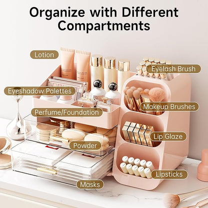 Makeup Organizer for Vanity with Brush Holder, Large Capacity Bathroom Countertop Skincare Organizer with 2 Drawers, Cosmetic Display Case for Perfumes, Eyeshadow Palettes, Nail Polishes