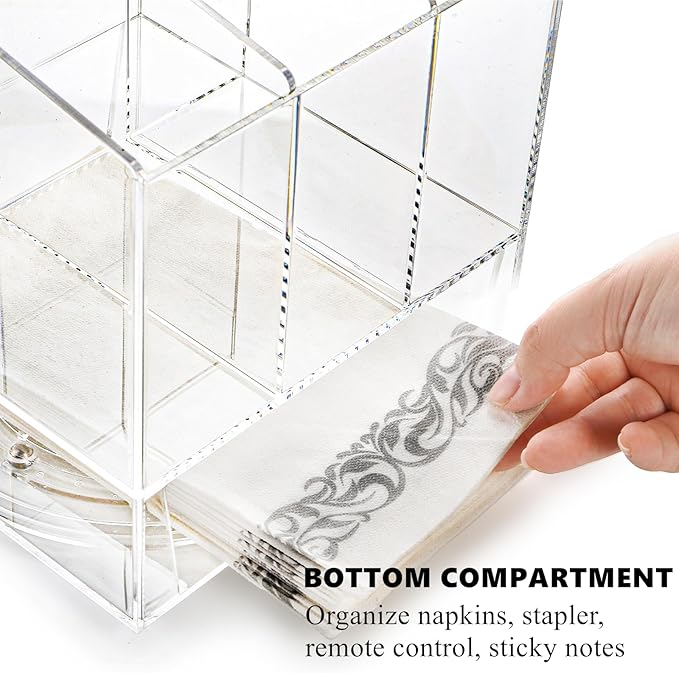 Cididu Acrylic Utensil Holder 360 Rotating, 2 Tier Silverware Organizer with Napkin Storage, Space Saving Countertop Caddy for Kitchen Table, Party, Holds Forks, Spoons, Knives, Napkins, 6.7''x7.8''
