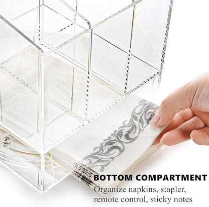 Cididu Acrylic Utensil Holder 360 Rotating, 2 Tier Silverware Organizer with Napkin Storage, Space Saving Countertop Caddy for Kitchen Table, Party, Holds Forks, Spoons, Knives, Napkins, 6.7''x7.8''