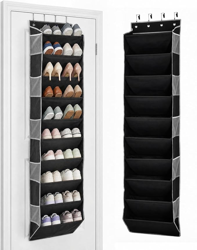 10-Tier Over The Door Organizer with 4 Anti-Scratch Silicone Hooks & 10 Side Pockets, Hanging Shoe Organizer for Closet (20 Pairs), Behind the Door Storage