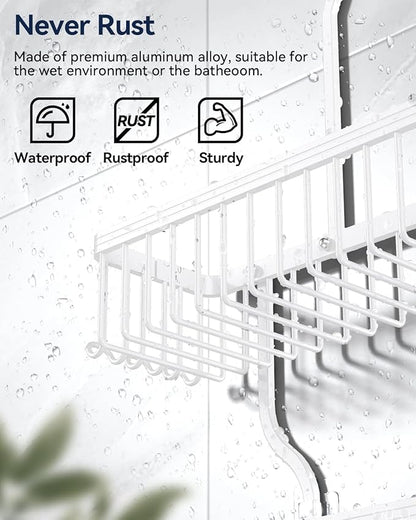 YASONIC Never-Rust Aluminum Hanging Shower Caddy – Over-the-Showerhead Organizer with 10 Hooks for Razor and Sponge – Includes Soap Basket – White