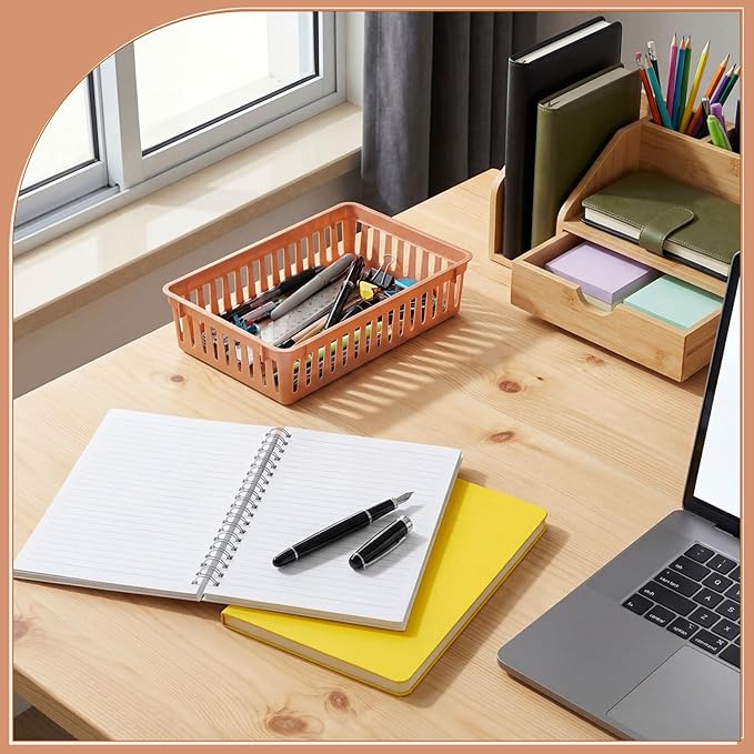 Wenqik 24 Pcs Plastic Storage Baskets for Classroom Organizing Small Pantry Storage Bins Rectangular Tray for School Household Toys Classroom Bedrooms, Kitchens Countertops (Brown)