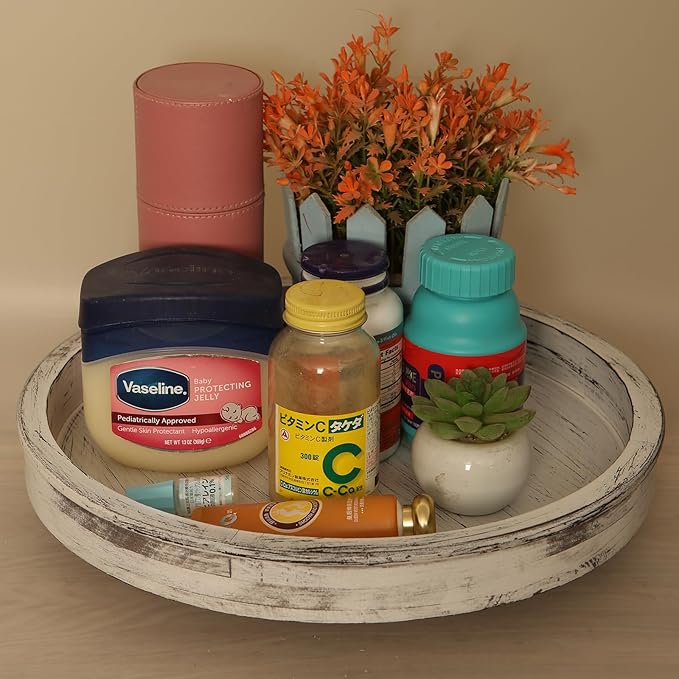 14Inch Rustic Round Wood Lazy Susan Distressed Tray-Distressed Farmhouse Turntable Tray, Cabinet Organizer, and Dining Table (White)