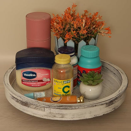 14Inch Rustic Round Wood Lazy Susan Distressed Tray-Distressed Farmhouse Turntable Tray, Cabinet Organizer, and Dining Table (White)