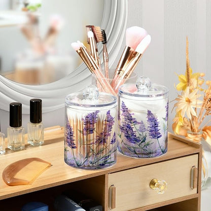 4 Pack Qtip Holder Dispenser Purple Lavender Floral A Cotton Ball Swab Round Pads Floss Clear Bathroom Storage Containers Plastic Apothecary Jars with Lids