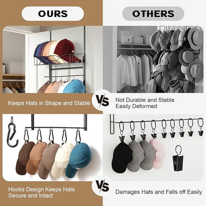 Metal Over Door Hat Rack for Baseball Caps- 3 Tier Wall Mounted Hat Rack with a Metal Basket, 5 Hooks and 5 Movable Hooks Design, Holds up to 40 Caps for Door, Bedroom & Closet