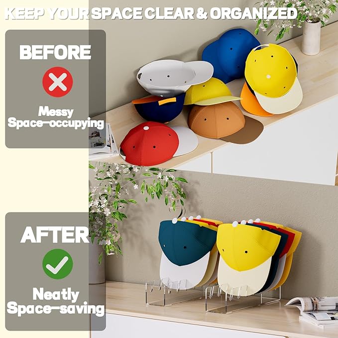 4 Pcs Hat Stand for Baseball Caps, No Install Acrylic Hat Organizer for 28 Baseball Caps, Hat Holder Hat Storage Hat Display Baseball Cap Rack for Bedroom, Closet, Dresser, Office (Clear)