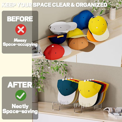 4 Pcs Hat Stand for Baseball Caps, No Install Acrylic Hat Organizer for 28 Baseball Caps, Hat Holder Hat Storage Hat Display Baseball Cap Rack for Bedroom, Closet, Dresser, Office (Clear)