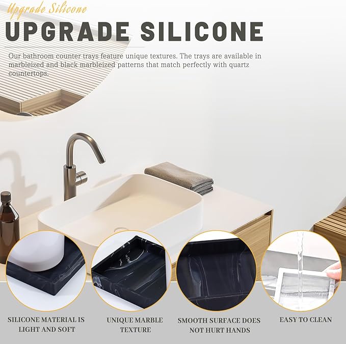 2 Silicone Bathroom Counter Tray, 7.8" x 3.9" & 11.8" x 5" Vanity Tray, Decorative Kitchen Soap Holder Plate Organizer for Makeup Perfume Candle Key Storage Toilet Tank Sink Table Desk (Marble Black)