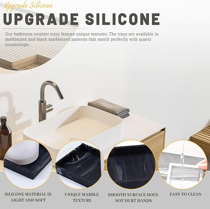 2 Silicone Bathroom Counter Tray, 7.8" x 3.9" & 11.8" x 5" Vanity Tray, Decorative Kitchen Soap Holder Plate Organizer for Makeup Perfume Candle Key Storage Toilet Tank Sink Table Desk (Marble Black)