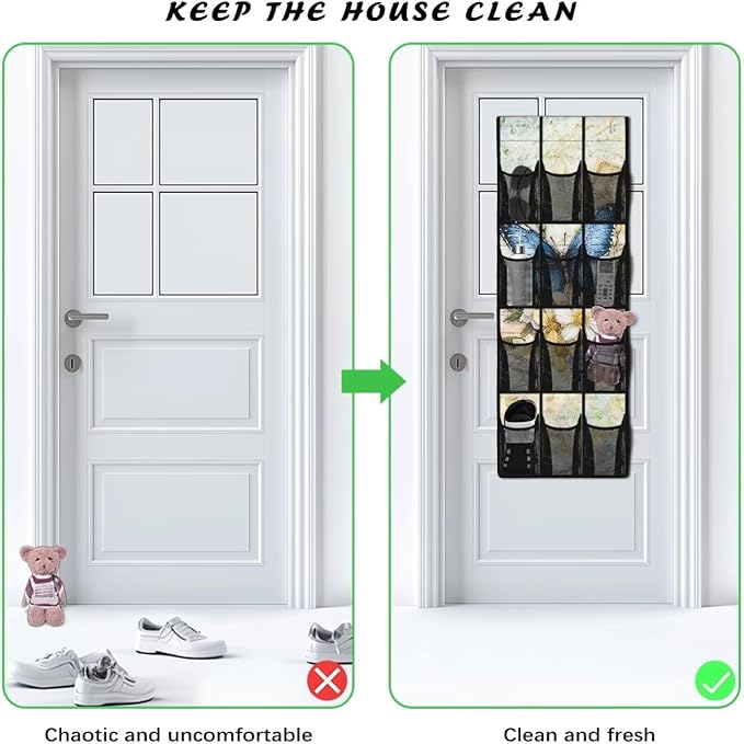 Retro Butterfly Over The Door/Wall Shoe Organizers,Space Saving Hanging Storage Holder,Hanging Shoe Organizer with 12 Mesh Large Pockets,Closet Rack for Home Bedroom Bathroom
