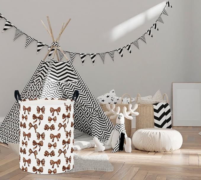 CLOCOR Large Laundry Basket,Waterproof Nursery Hamper,Collapsible Fabric Storage Container,Room Decor,Gift Basket（Leopard Print Bow)