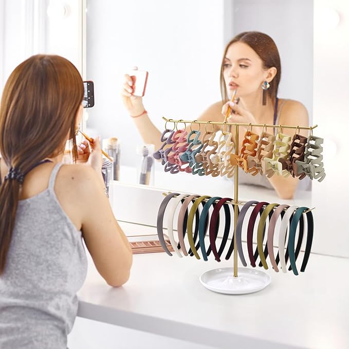 Metal Headband Holder Organizer, 2-Tier Headband Storage with Tray, Hairband Display Stand with 10 Golden Rings, Hair Accessories Claw Clip Organizer for Women and Girls