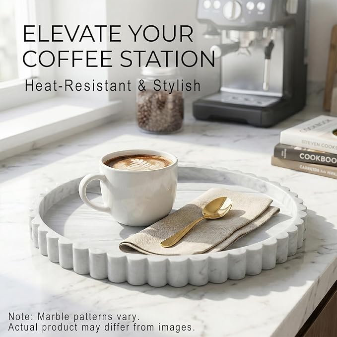 Round Silicone Bathroom Vanity Tray, Decorative Organizer for Soap, Perfume, Candle, Kitchen Countertop, Coffee Table Decor (White Marble, 9")
