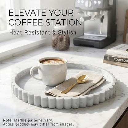 Round Silicone Bathroom Vanity Tray, Decorative Organizer for Soap, Perfume, Candle, Kitchen Countertop, Coffee Table Decor (White Marble, 9")