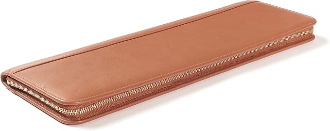 Leatherology Cognac Tie Case – Full Grain Leather Travel Organizer for 2–4 Ties with Nickel Bars, Interior Pocket for Cufflinks & Collar Stays, Slim Design with Zip & Snap Closure