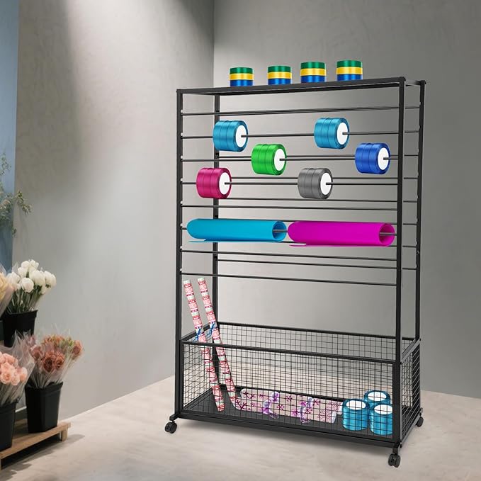 16-Tier Double-Sided Ribbon Holder Organizer Rack with Storage Basket & Wheels, Multifunctional Flower Wrapping Paper Display Stand for Craft Rooms, Flower Shops (Black, 39.37''W x 12.6''D x 59.06''H)