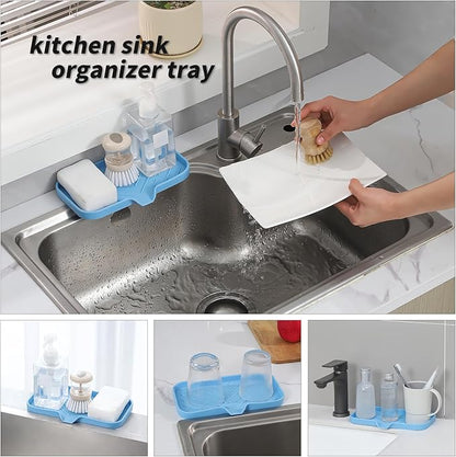 MicoYang Silicone Bathroom Soap Dishes with Drain Spout-Bathroom and Kitchen Sink Organizer,Sponge Holder,Dish Soap Tray,Perfect for Dispenser,Scrubber,Bottle on Sink or Counter-Light Blue 9.6"×5.3"