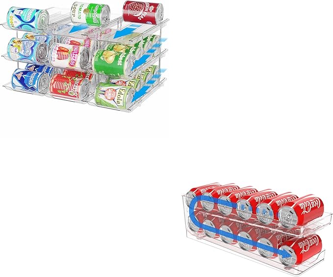 Can Organizer for Pantry Stackable AND Rolling Soda Can Dispenser for Refrigerator Soda Can Organizer