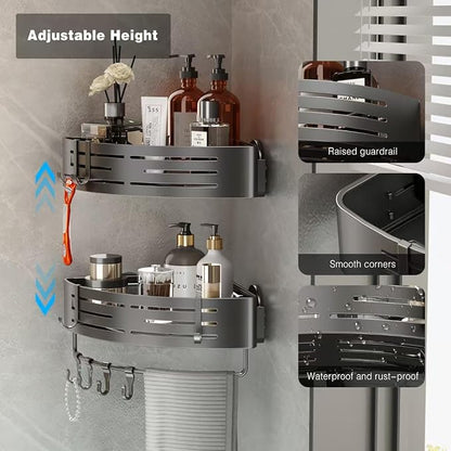 Voldra Corner Shower Caddy Suction Cup, Corner Shower Shelves No Drilling, Aluminum Upgrade Suction Cup Shower Organizer with Towel Bar & Hooks Removable Bathroom Storage Rack(3 Pack,Gray)