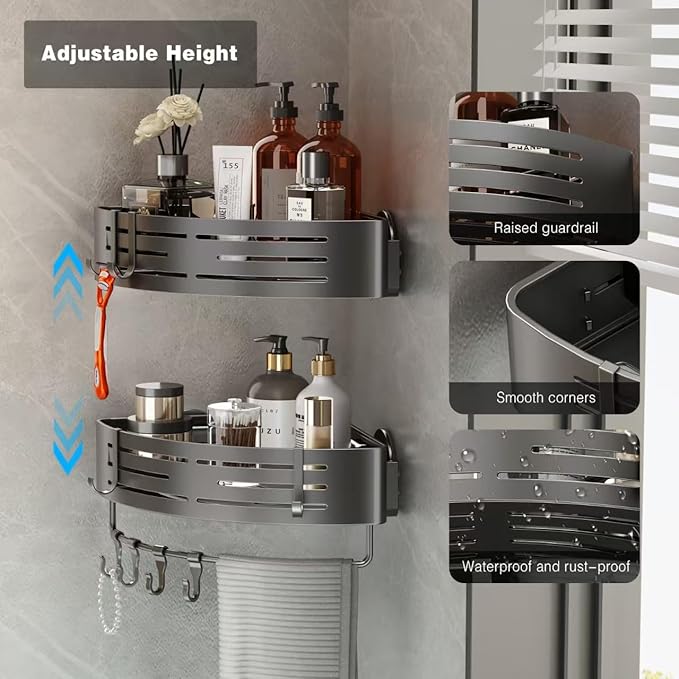 Voldra Corner Shower Caddy Suction Cup, Corner Shower Shelves No Drilling, Aluminum Upgrade Suction Cup Shower Organizer with Towel Bar & Hooks Removable Bathroom Storage Rack(2 Pack, Matte Gray)
